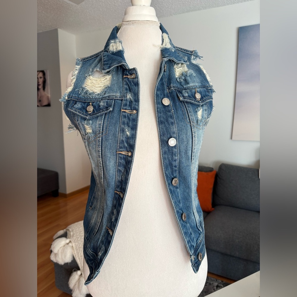 Women's Blue Distressed Denim Vest